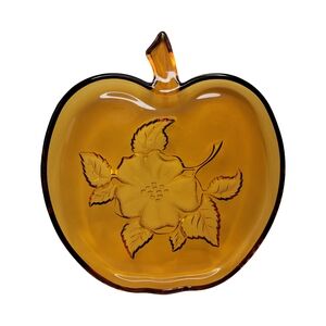 Vintage Amber Glass Apple Plate 8" Embossed Flower Blossom Design Hazel Atlas